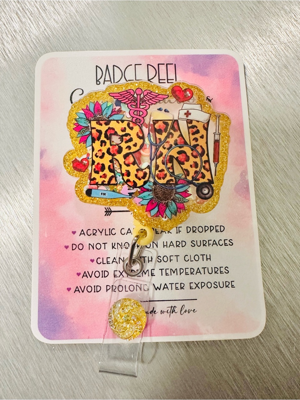 RN Badge Reel with Leopard Print and Gold Glitter